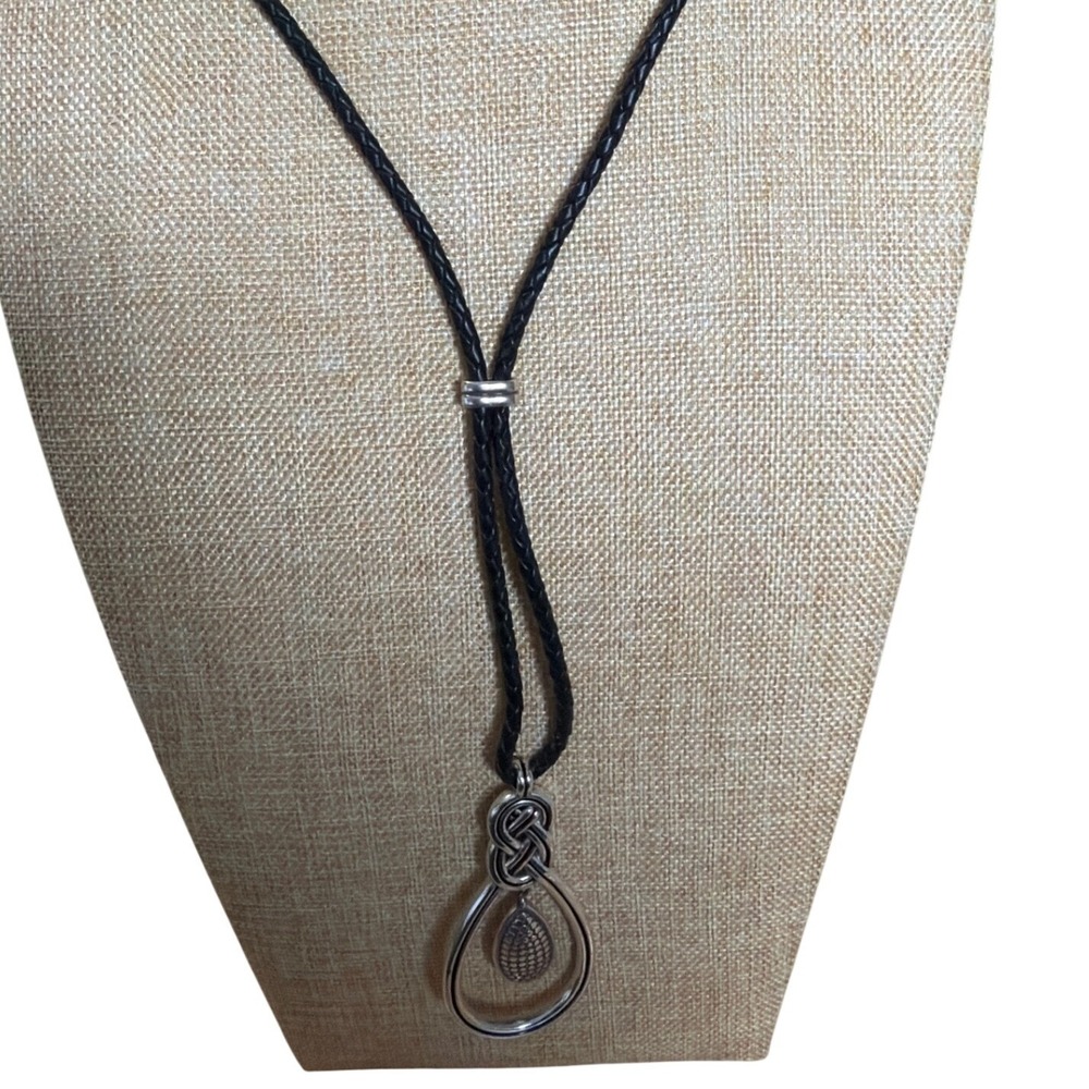 Silver Tone Celtic Knot Teardrop Pendant Braided Black‎ Cord Necklace Boho